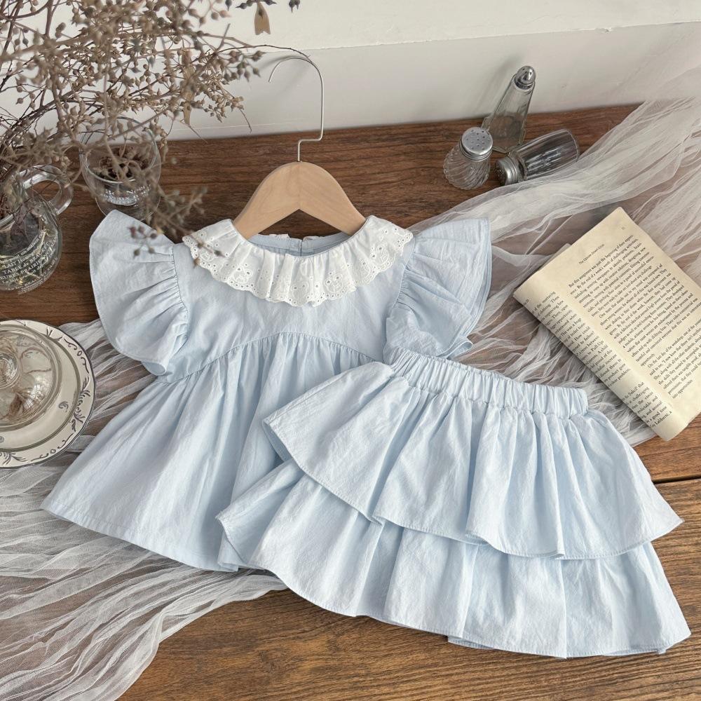 Wholesale INS Style Summer Baby and Toddler Sweet Little Princess Short-sleeve Lace Collar Top and Cake Shorts Two-piece Set