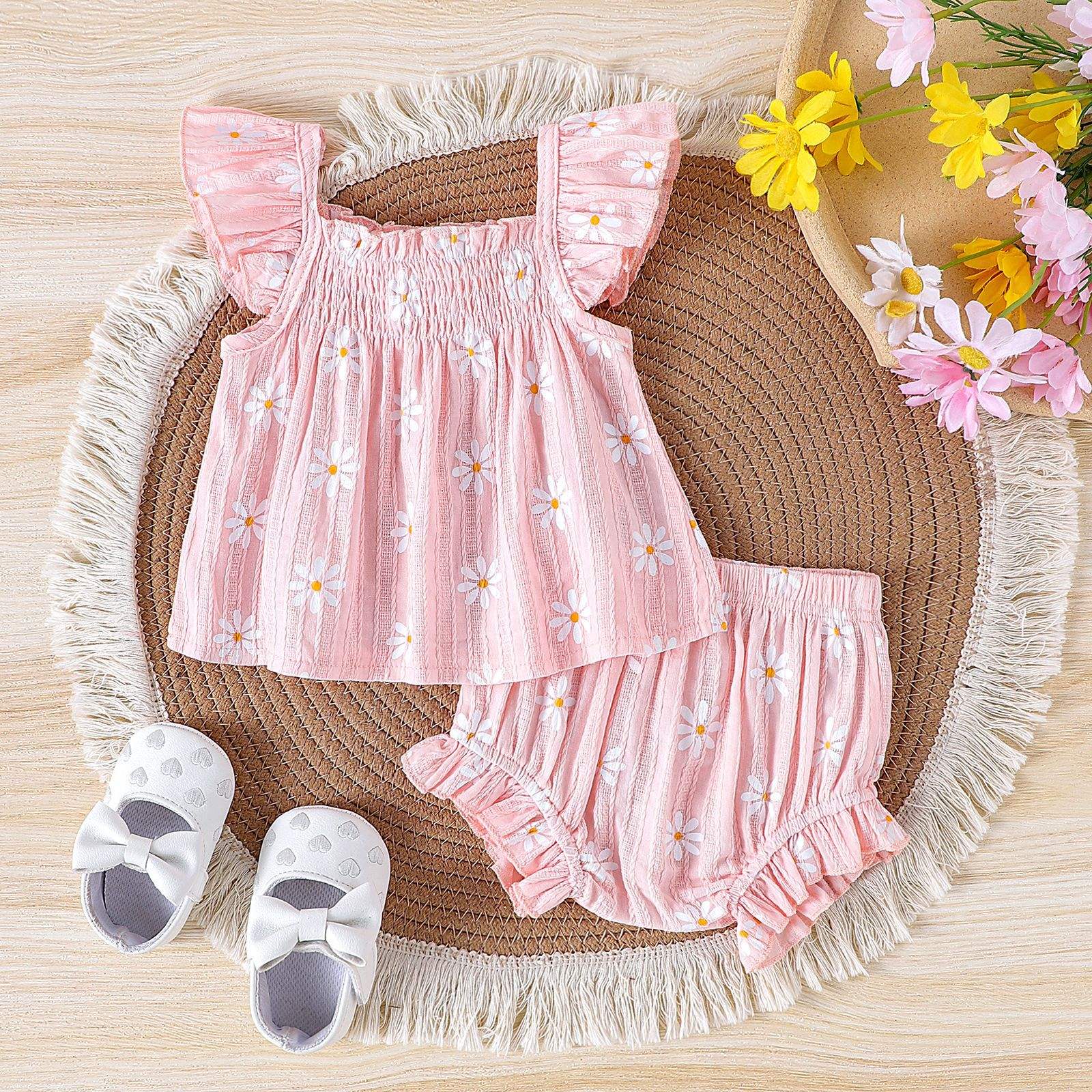 Wholesale 2026 Summer Casual Baby Girl Clothing Set Floral Print Sleeveless Top and Shorts Set Cotton Knitted Fabric Soft Baby Suit