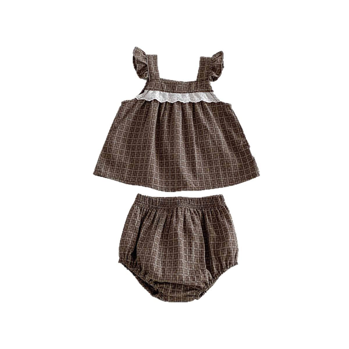 Wholesale 2026 Girls' New Fashion Summer Baby Girl Suit Sleeveless Vest Plaid Suit Children's Doll Shirt Shorts Pure Cotton Two-piece Set
