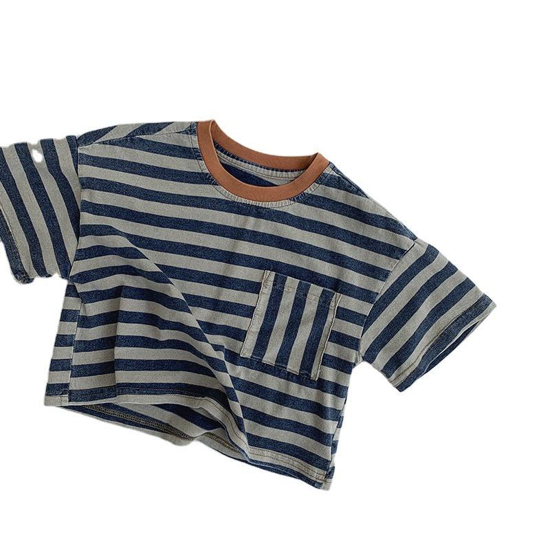 Wholesale 2026 Summer New Children's Shirt Vintage Striped Knitted Cotton T-Shirt Unisex Korean Style Distressed Look Moisture Wicking Top