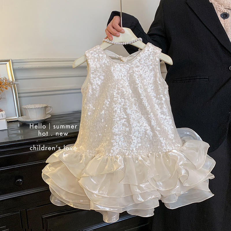 Wholesale 2026 Girls' Dresses Summer New Style Western Style Bow Thin Sleeveless Sequin Beaded A-Line Dress Sweet Mesh Skirt