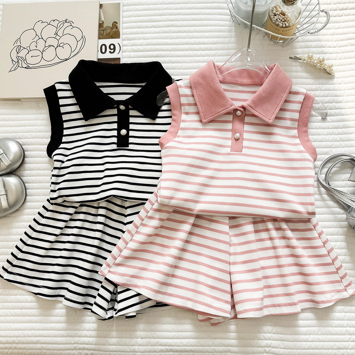 Wholesale 2026 Summer New Girls' Outfit Striped Polo Vest T-Shirt and Shorts Sports Casual Soft Pure Cotton Baby Girls Two-Piece Set