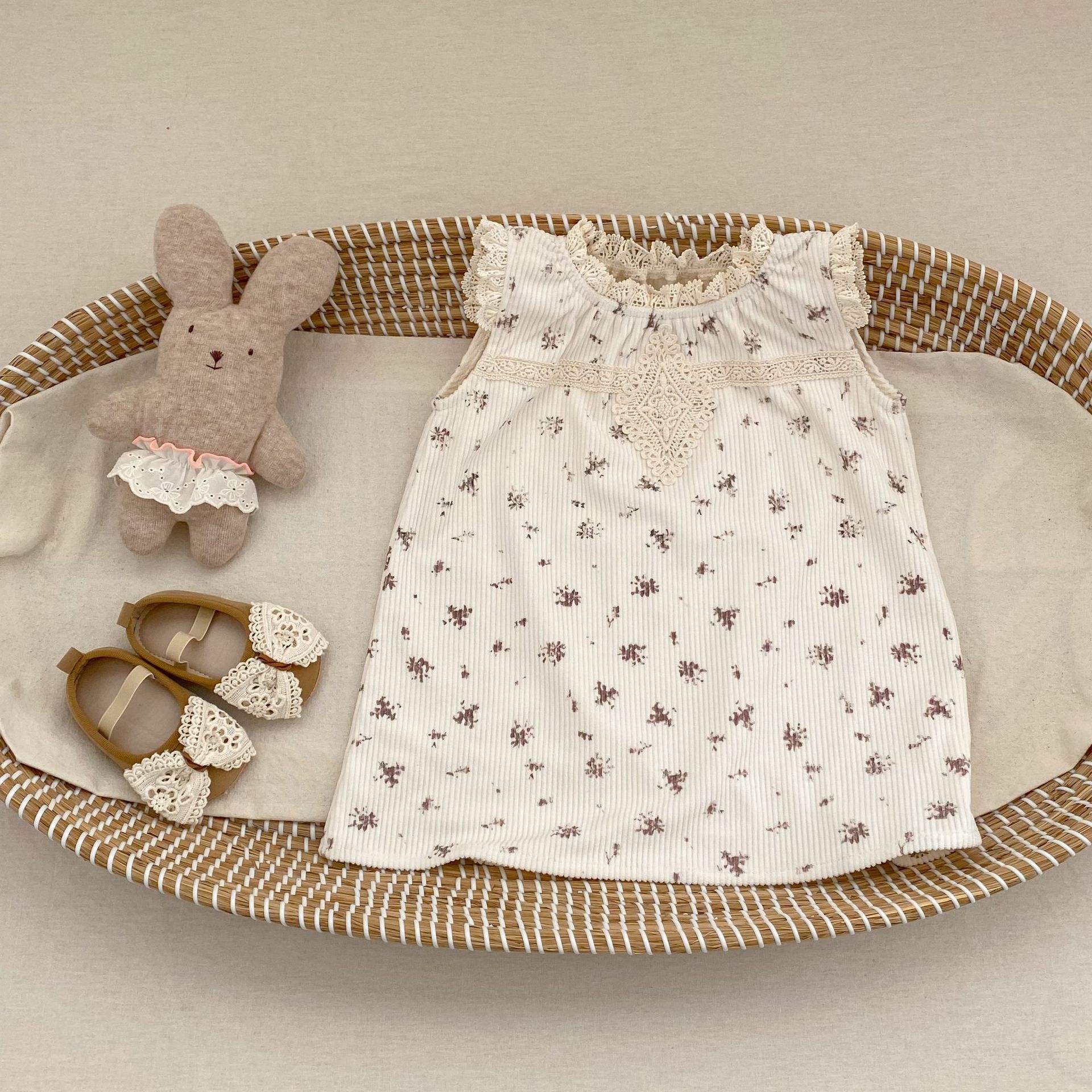 Wholesale 2026 Summer Baby Dresses New Korean Styles Sweet and Fresh Girls' Round-neck Lace Hollow Sleeveless Floral Striped A-line Dress
