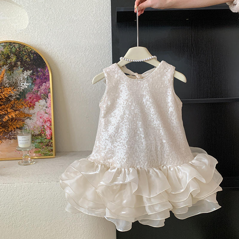 Wholesale 2026 Girls' Dresses Summer New Style Western Style Bow Thin Sleeveless Sequin Beaded A-Line Dress Sweet Mesh Skirt