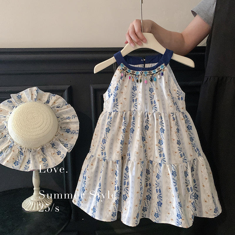 Wholesale 2026 New Girls' Summer Crocheted Cotton Blend A-Line Dress Vest Skirt Baby Girl Floral Halter Neck Children's Holiday Skirt