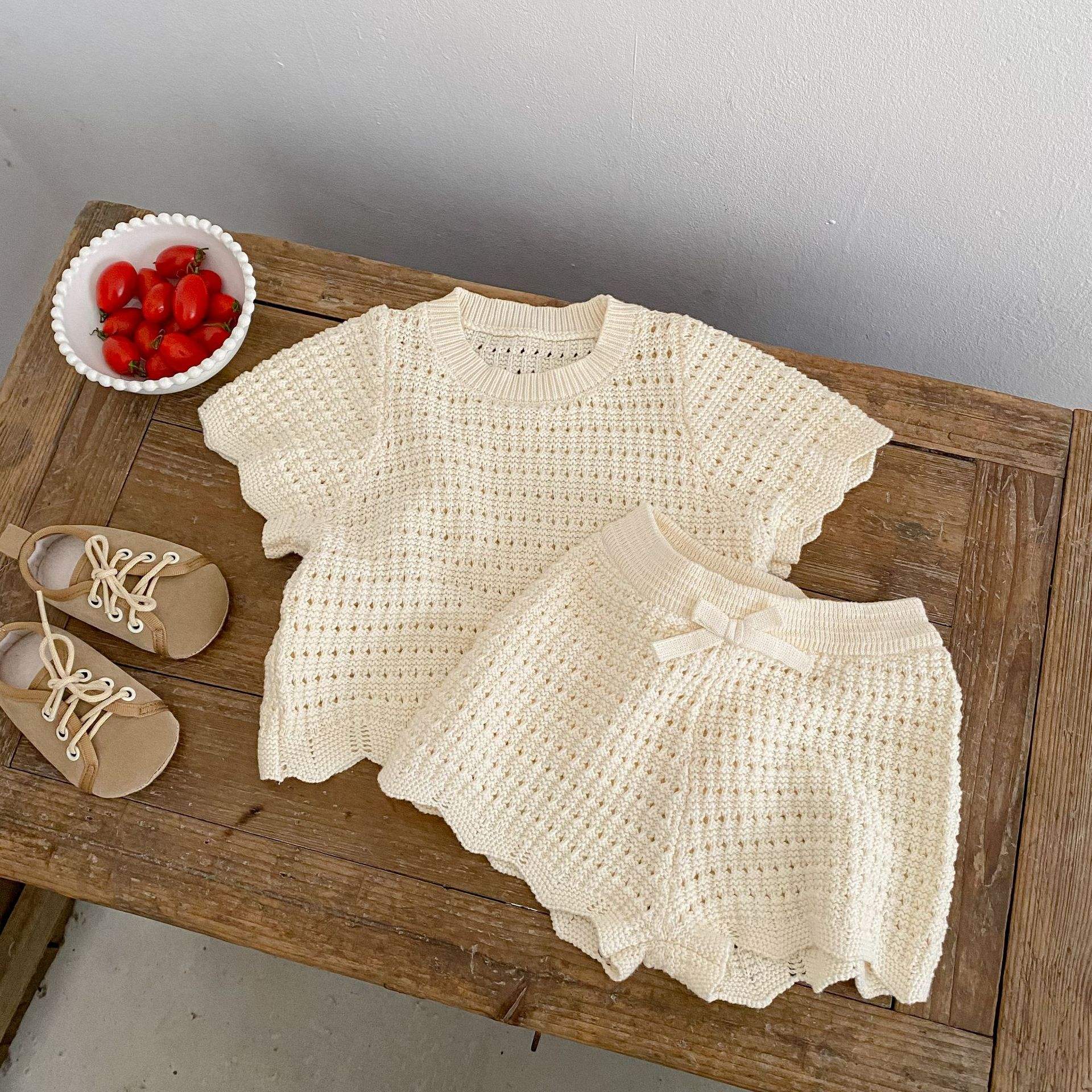 Wholesale 2026 Summer Casual Round Neck Irregular Short-sleeve Top with Bow Shorts Two-piece Set for Young Baby Girl Infant Clothes