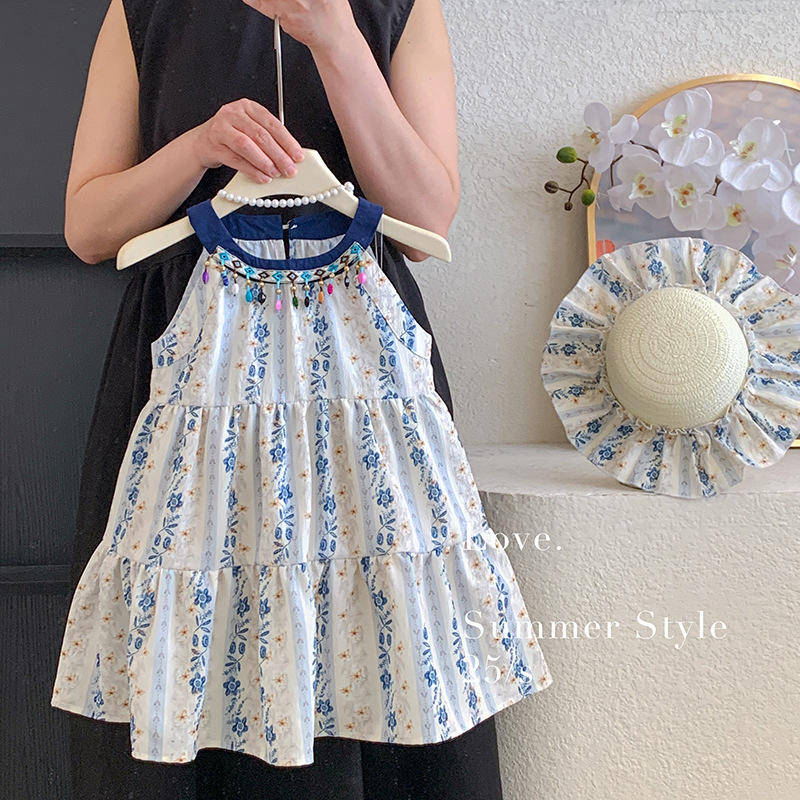 Wholesale 2026 New Girls' Summer Crocheted Cotton Blend A-Line Dress Vest Skirt Baby Girl Floral Halter Neck Children's Holiday Skirt