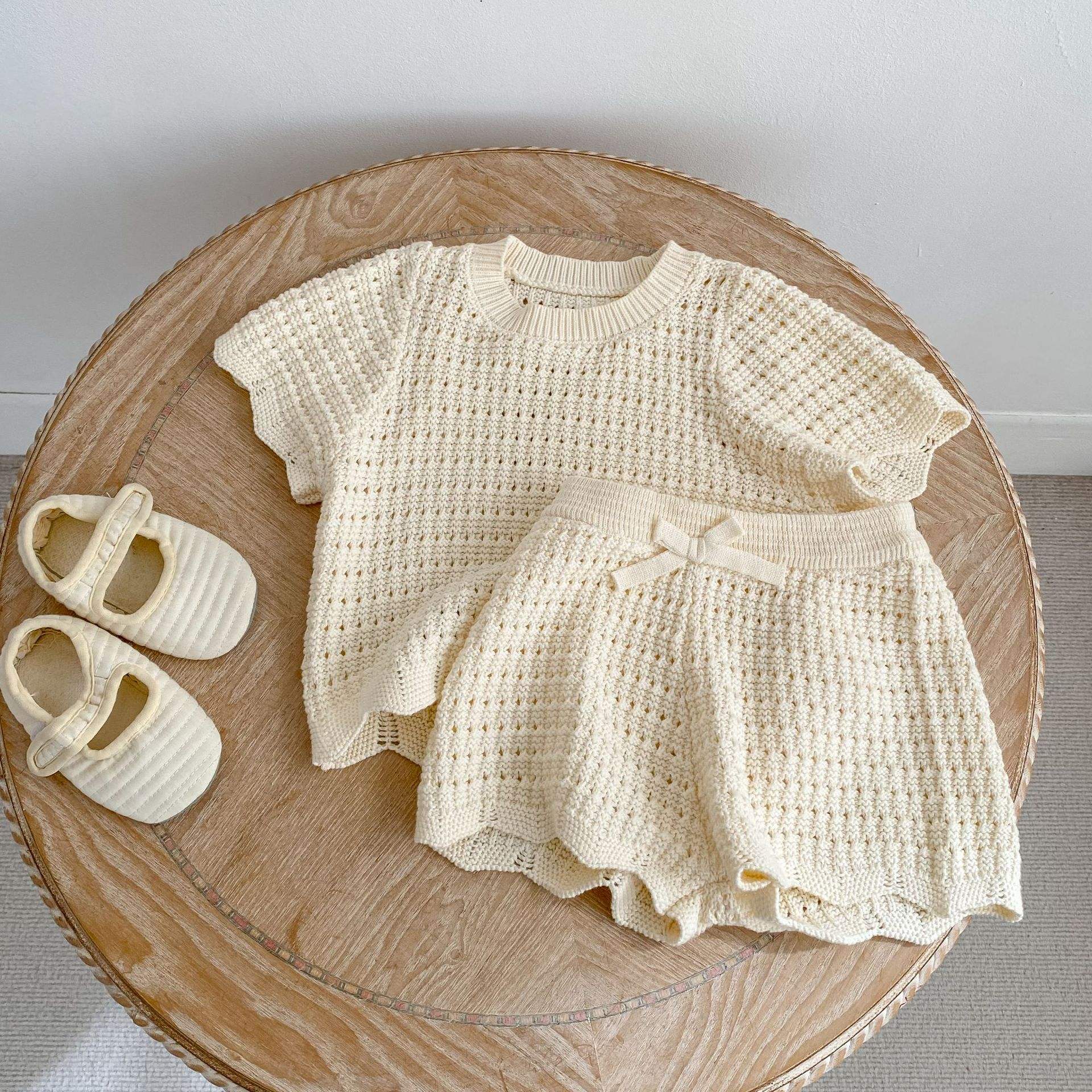 Wholesale 2026 Summer Casual Round Neck Irregular Short-sleeve Top with Bow Shorts Two-piece Set for Young Baby Girl Infant Clothes