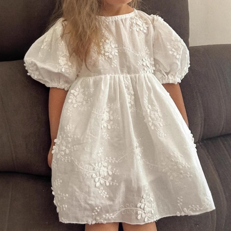 Wholesale  2026 INS Style Girls Summer Cotton Lace Embroidery Girls Dress A-Line Solid Color Princess Puff Sleeve Casual Baby Dresses