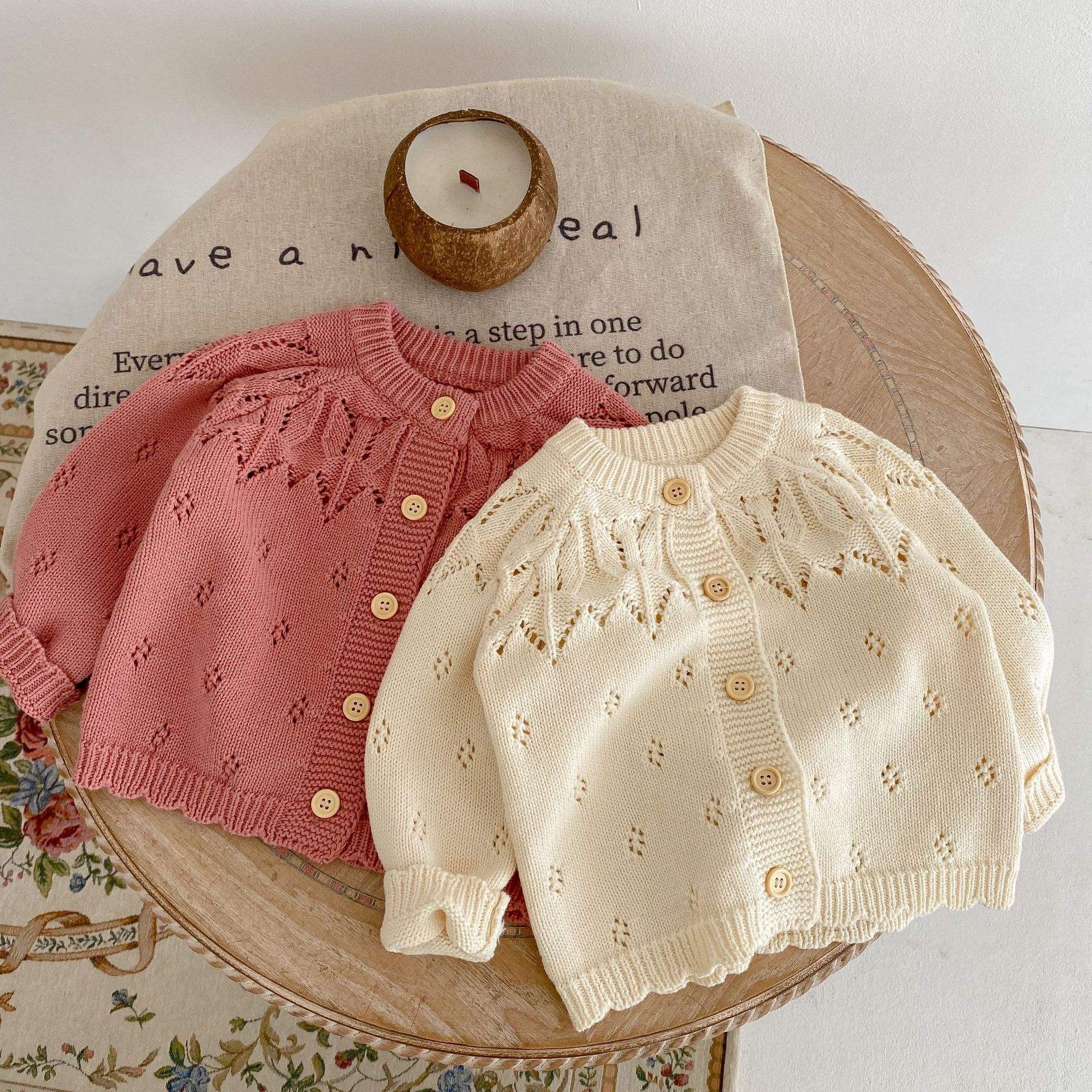 WholesaleINS Spring Versatile Knitted Cardigan for Babies and Toddlers Jacquard Hollow-out Knit Cotton Long-sleeve Cardigan
