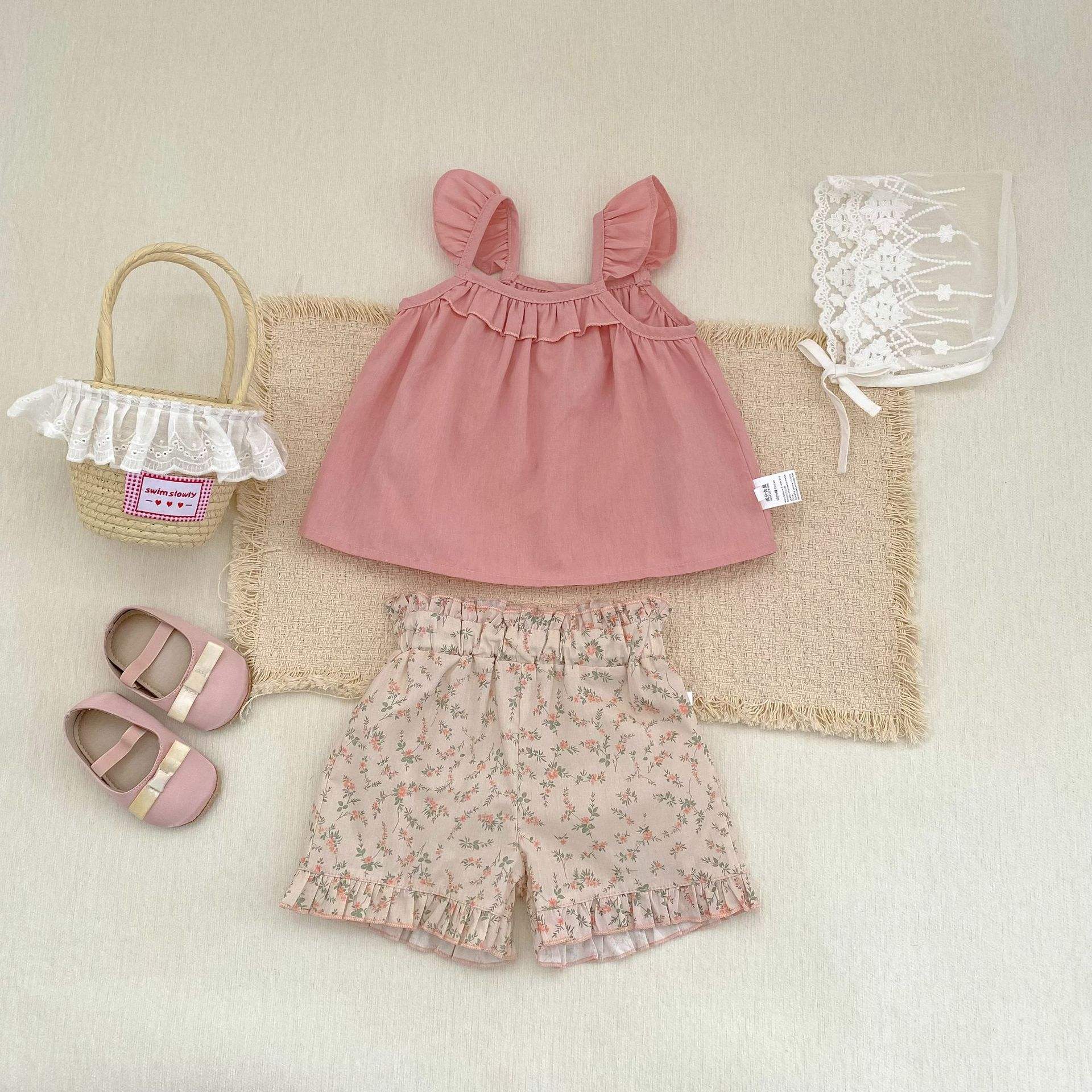wholesale 2026 Summer Wear New Girls' Baby Suit Solid Color Fly-Sleeve Camisole Top Shorts Casual Pure Cotton Two-Piece Set