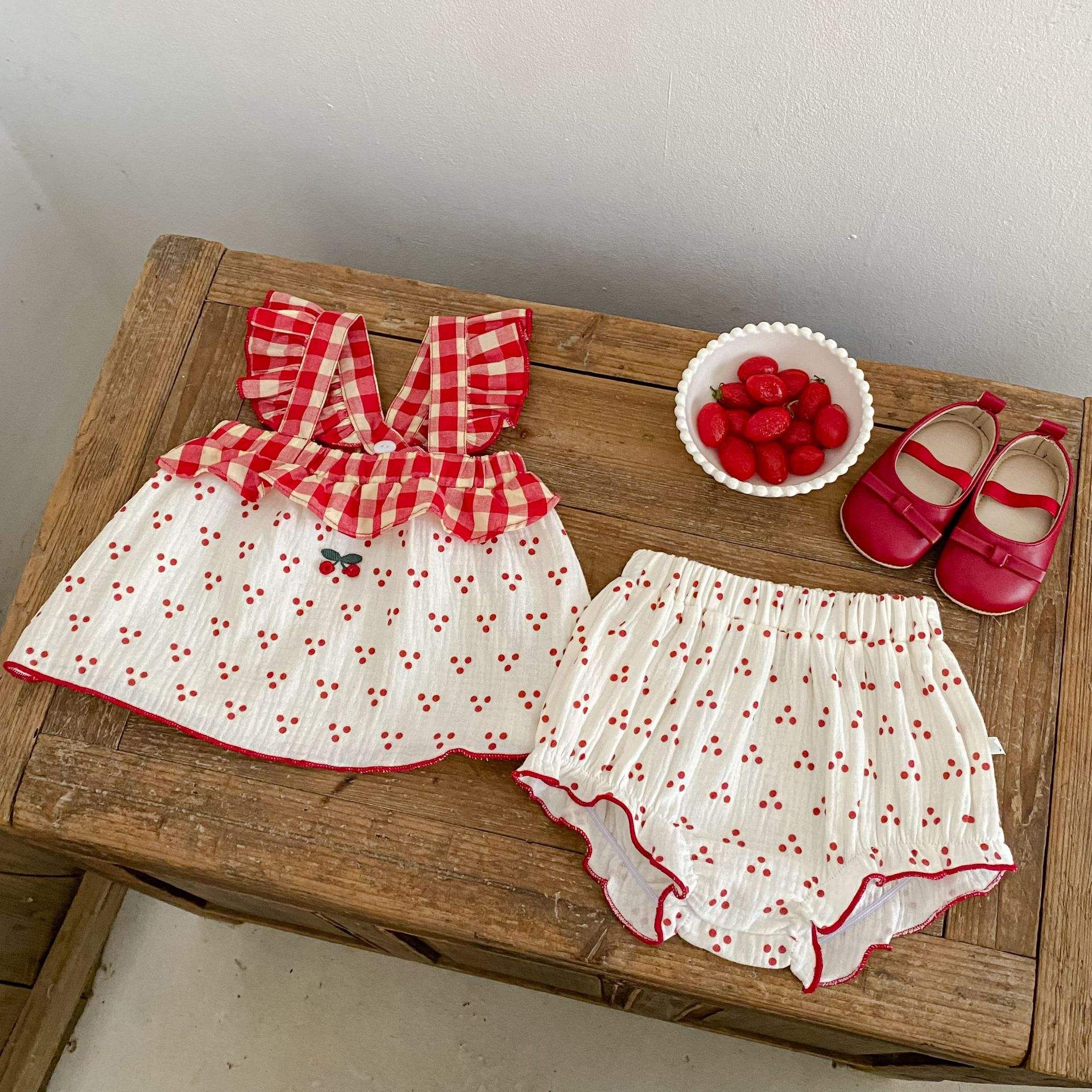 Wholesale 2026 New Fashion Girls' Summer Baby Outfit Cherry Sleeveless Suspender Top with Baby Romper Two-piece Set for Baby Girls