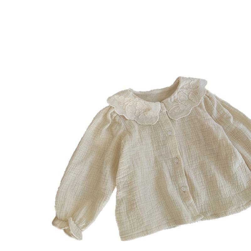 Wholesale 2026 Spring New Arrival Children's Clothes Cotton Lapel Collar Solid Color Embroidery Long Sleeve Shirt Top for Girls Tops