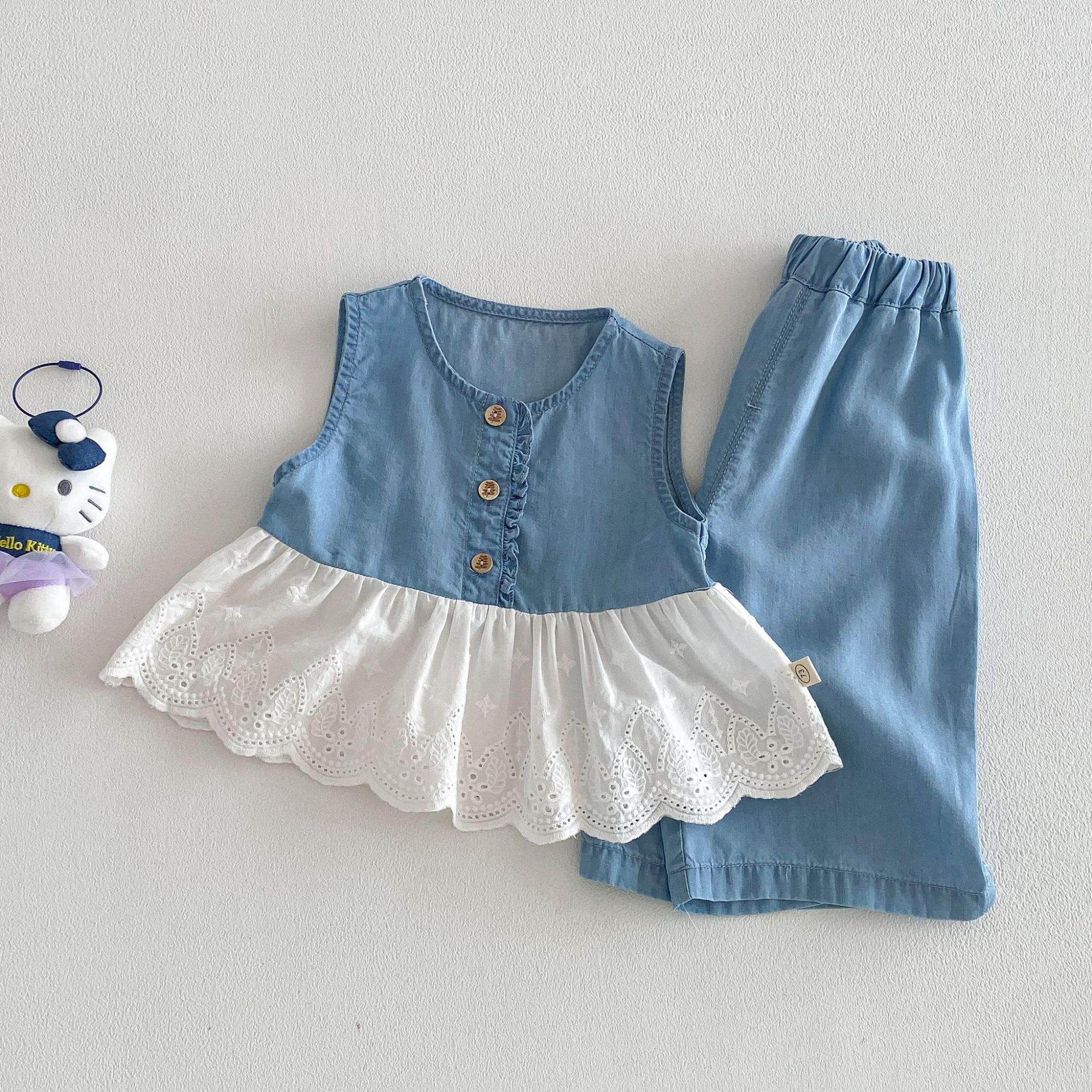 Wholesale Girls' Fashion Set 2026 New Summer Baby Girl Clothing Set Lace Doll Shirt T-shirt Children's Jeans Two-piece Set