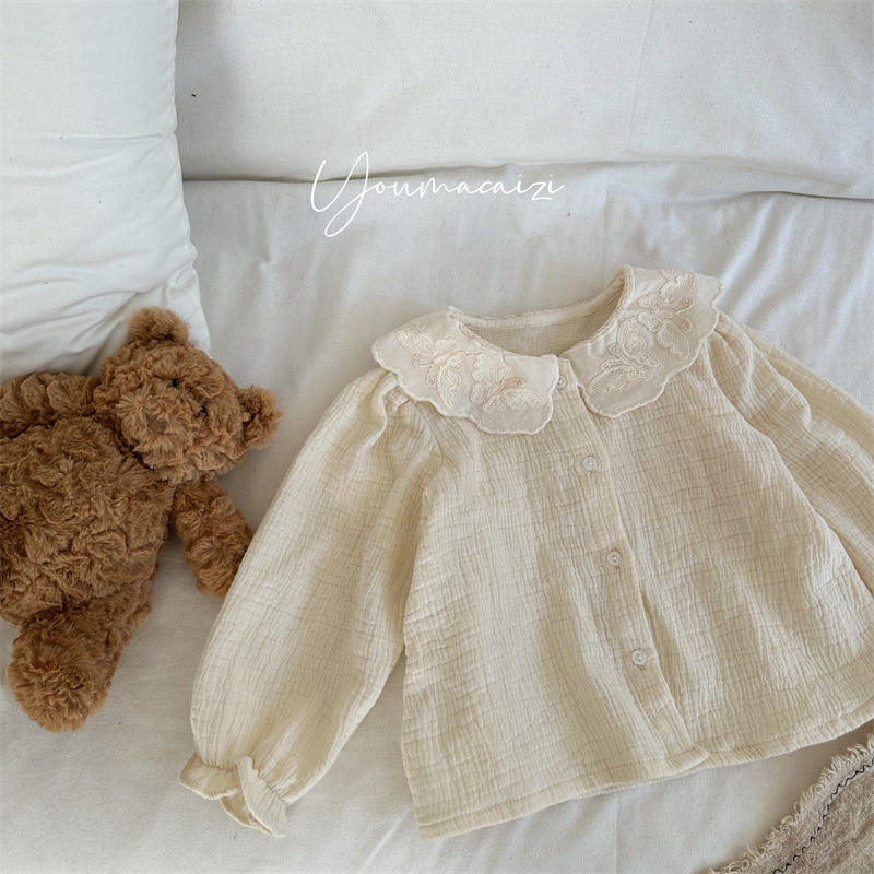 Wholesale 2026 Spring New Arrival Children's Clothes Cotton Lapel Collar Solid Color Embroidery Long Sleeve Shirt Top for Girls Tops