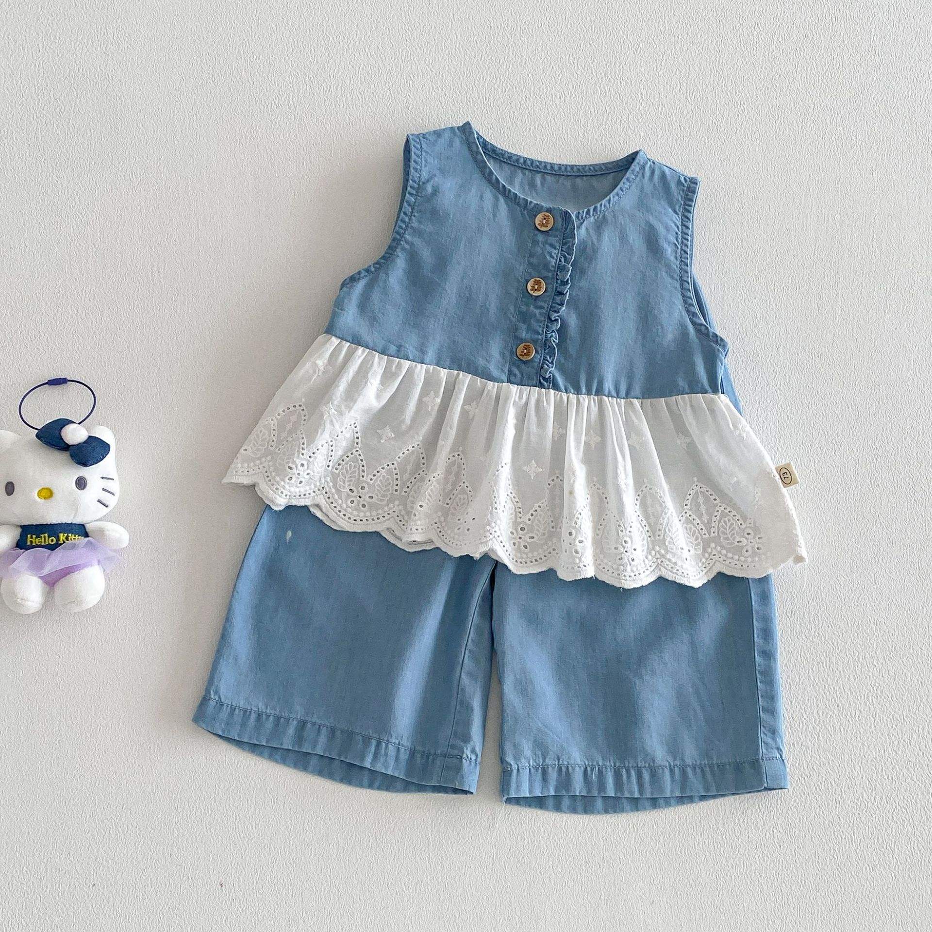Wholesale Girls' Fashion Set 2026 New Summer Baby Girl Clothing Set Lace Doll Shirt T-shirt Children's Jeans Two-piece Set
