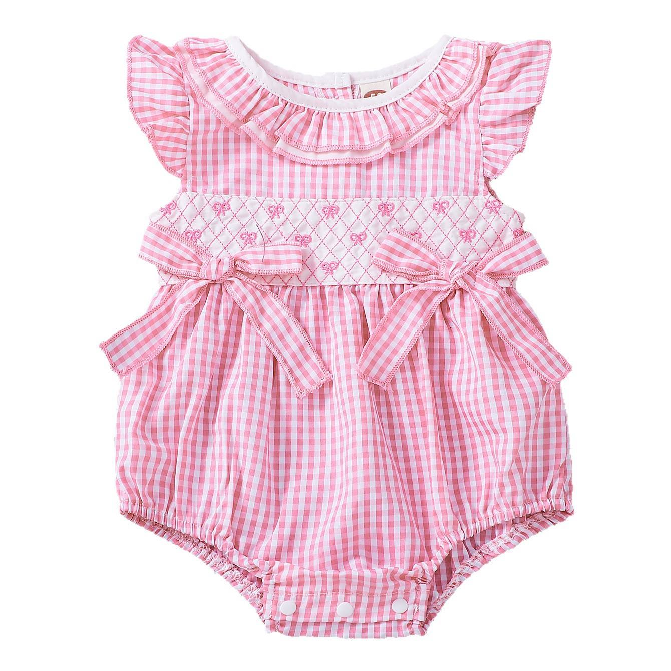 Wholesale 2026 Summer Children's Clothing Baby Girl Triangle Jumpsuit Style Bowknot Embroidery Plaid Small Fly Sleeve Baby Rompers