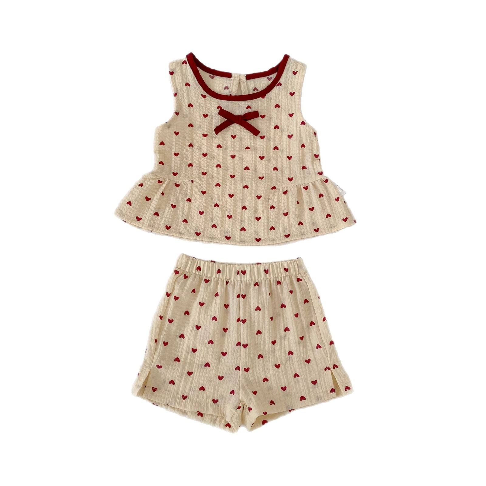 Wholesale 2026 Summer New Style Girl's Princess Style Baby Girl Fashionable Set Small Heart Sleeveless Top with Shorts Cute Two Piece Set