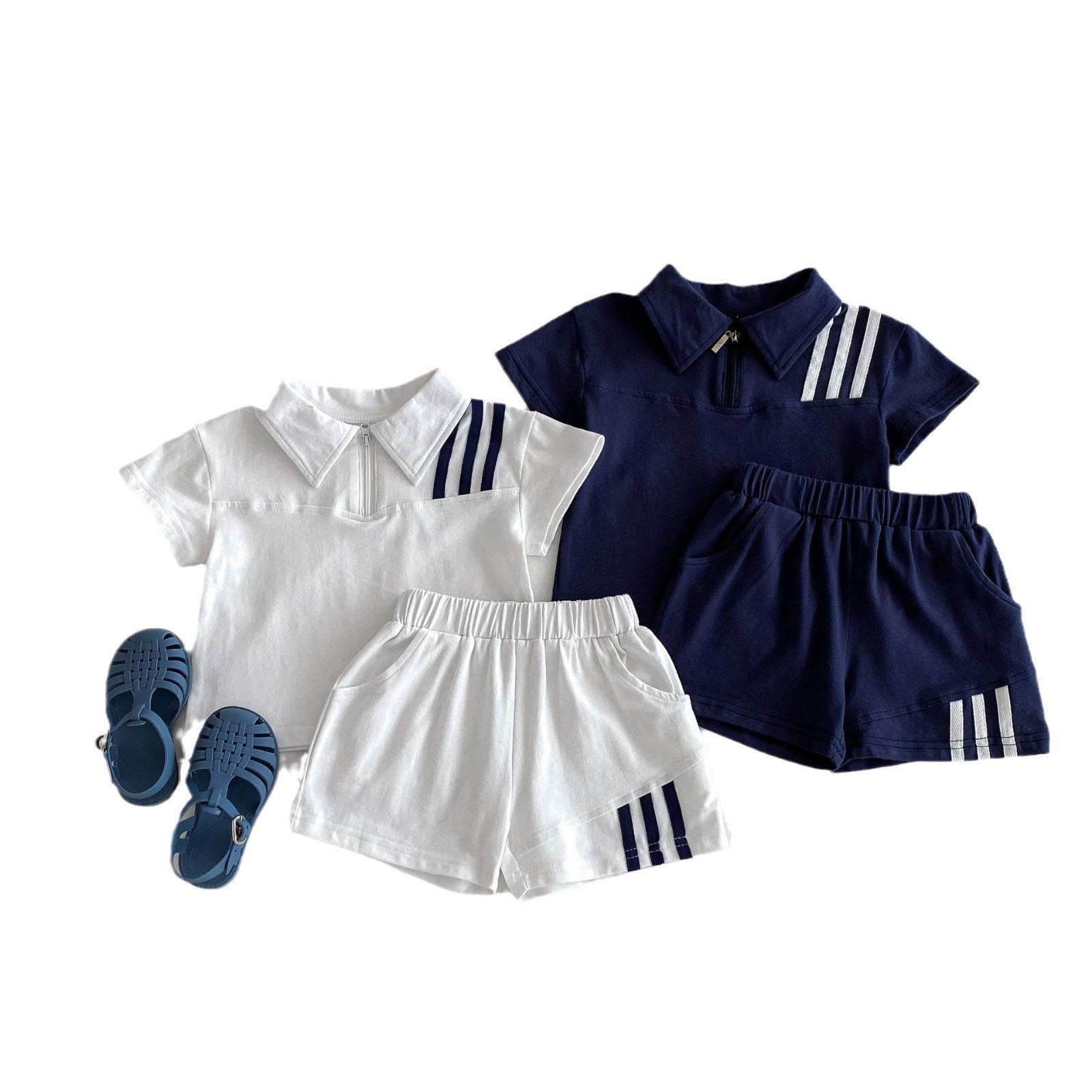 Wholesale 2026 Summer New Children's Korean Style Pullover Shirt Western Style Casual Sports Cotton Stripes Lapel Two-piece Set