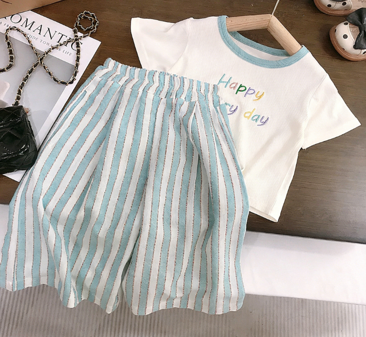 Wholesale Girls' Short Sleeve Set Summer New Fashionable Children's Clothing Baby Girl Striped Wide-Leg Pants Two-Piece Set