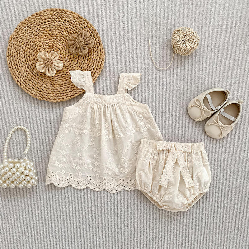 Wholesale 2026 Baby Girl Summer Clothes Infant Suit Korean Style Embroidered Floral Pattern Sling Flying Sleeve Doll Shirt Pure Cotton Set