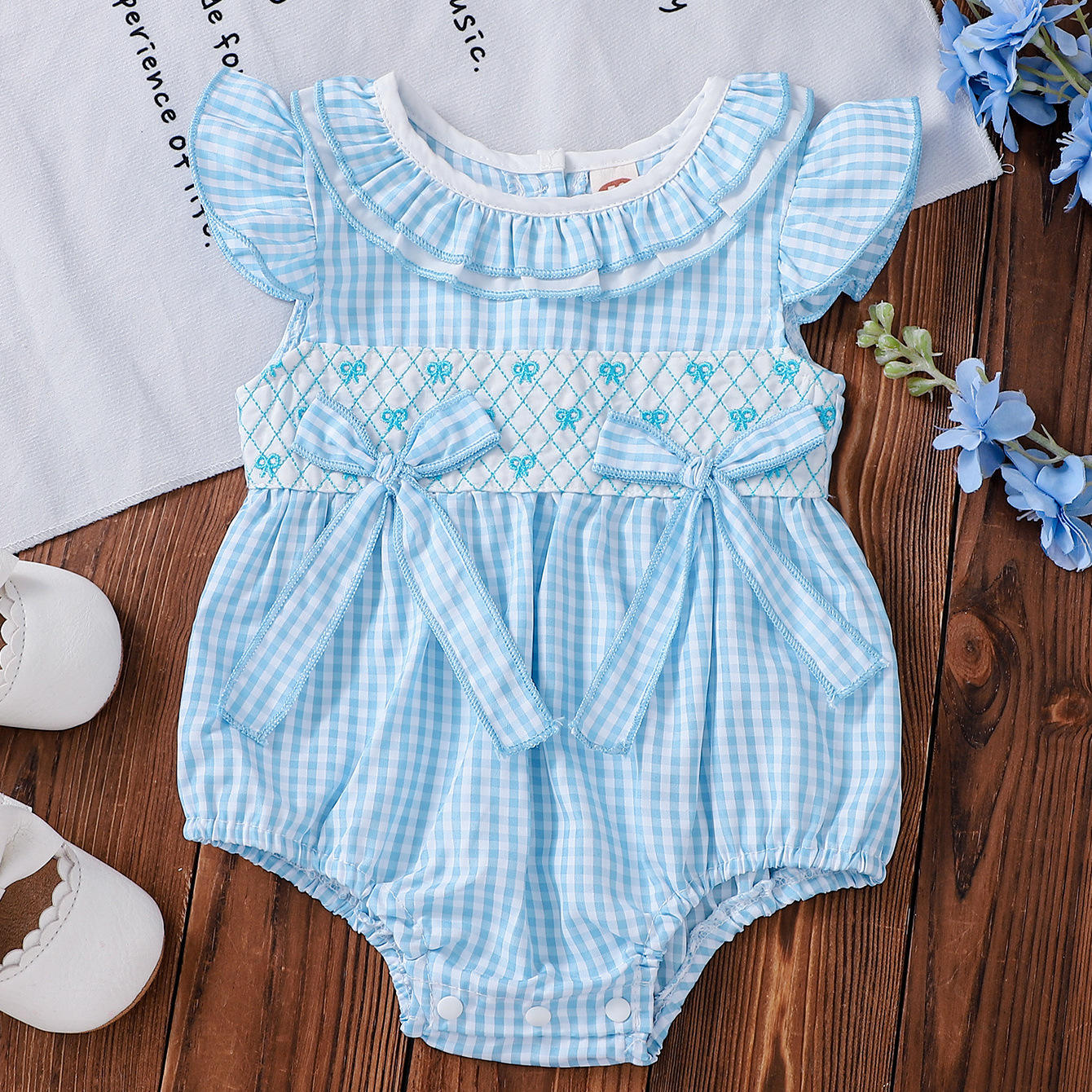 Wholesale 2026 Summer Children's Clothing Baby Girl Triangle Jumpsuit Style Bowknot Embroidery Plaid Small Fly Sleeve Baby Rompers