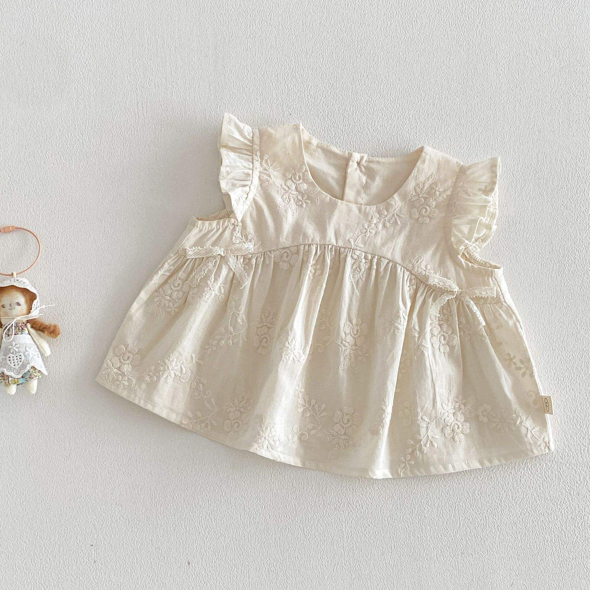 Wholesale Girls' Jacquard Doll Shirt 2026 New Summer Korean Style Solid Color Flutter Sleeve Crew Neck Breathable T-shirt Sweet Top
