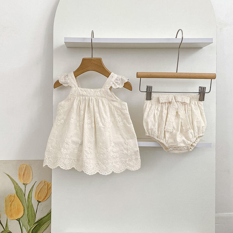 Wholesale 2026 Baby Girl Summer Clothes Infant Suit Korean Style Embroidered Floral Pattern Sling Flying Sleeve Doll Shirt Pure Cotton Set