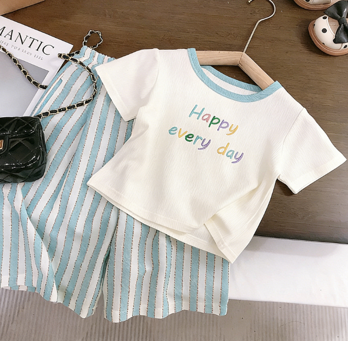 Wholesale Girls' Short Sleeve Set Summer New Fashionable Children's Clothing Baby Girl Striped Wide-Leg Pants Two-Piece Set