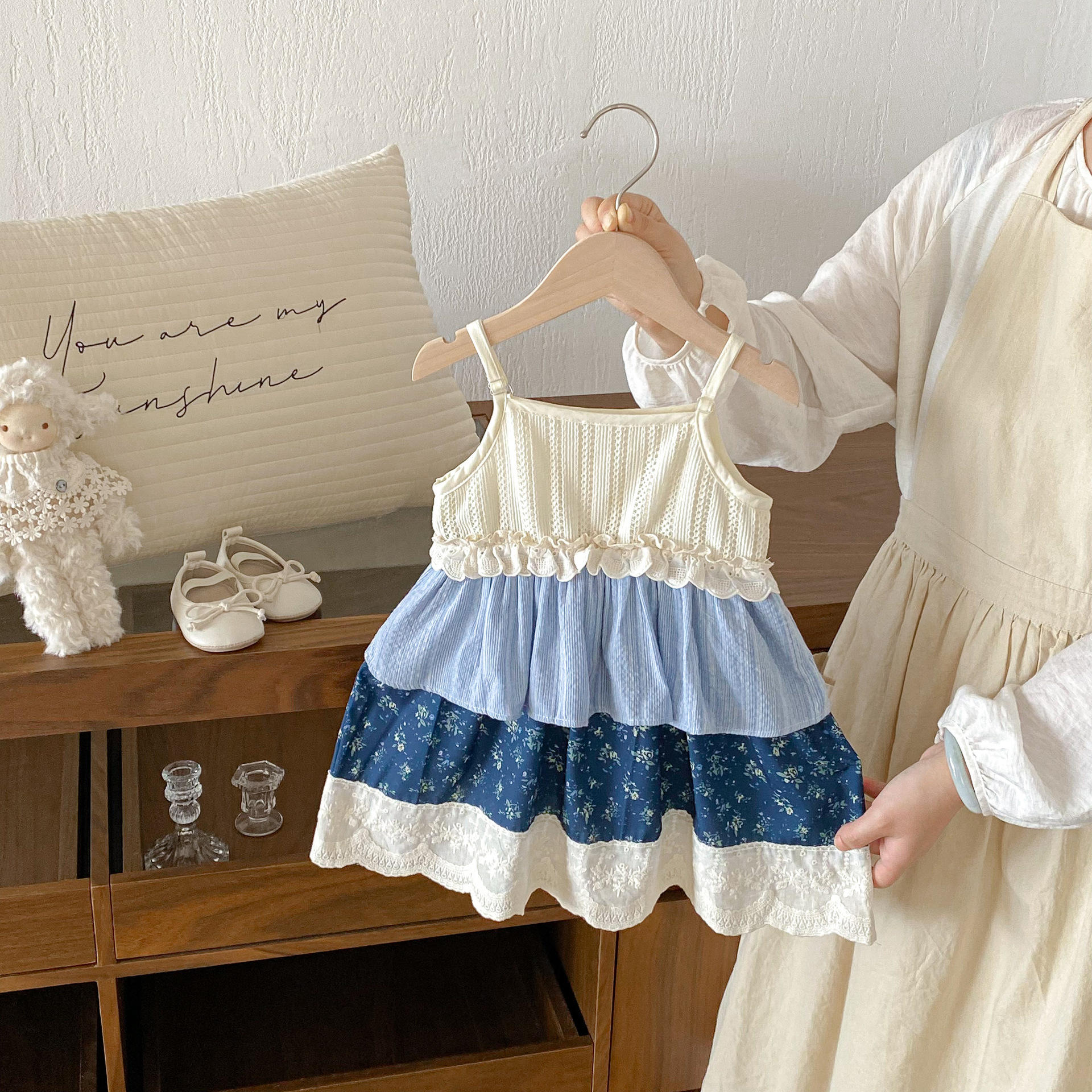 Wholesale 2026 Girls' Summer Baby Dresses New Children's Fashion Lace-Trimmed Patchwork Stripe Pattern Dress Thin Style Vest Dress