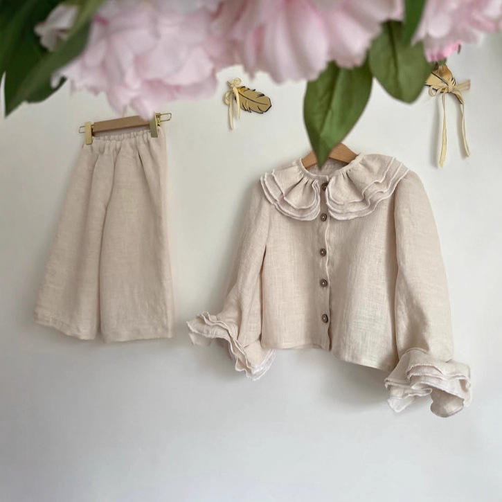 Wholesale INS Style Girls' Clothing Set Spring and Autumn Linen Casual Flared Sleeve Shirt and Wide-Leg Pants Children's Two-Piece Set