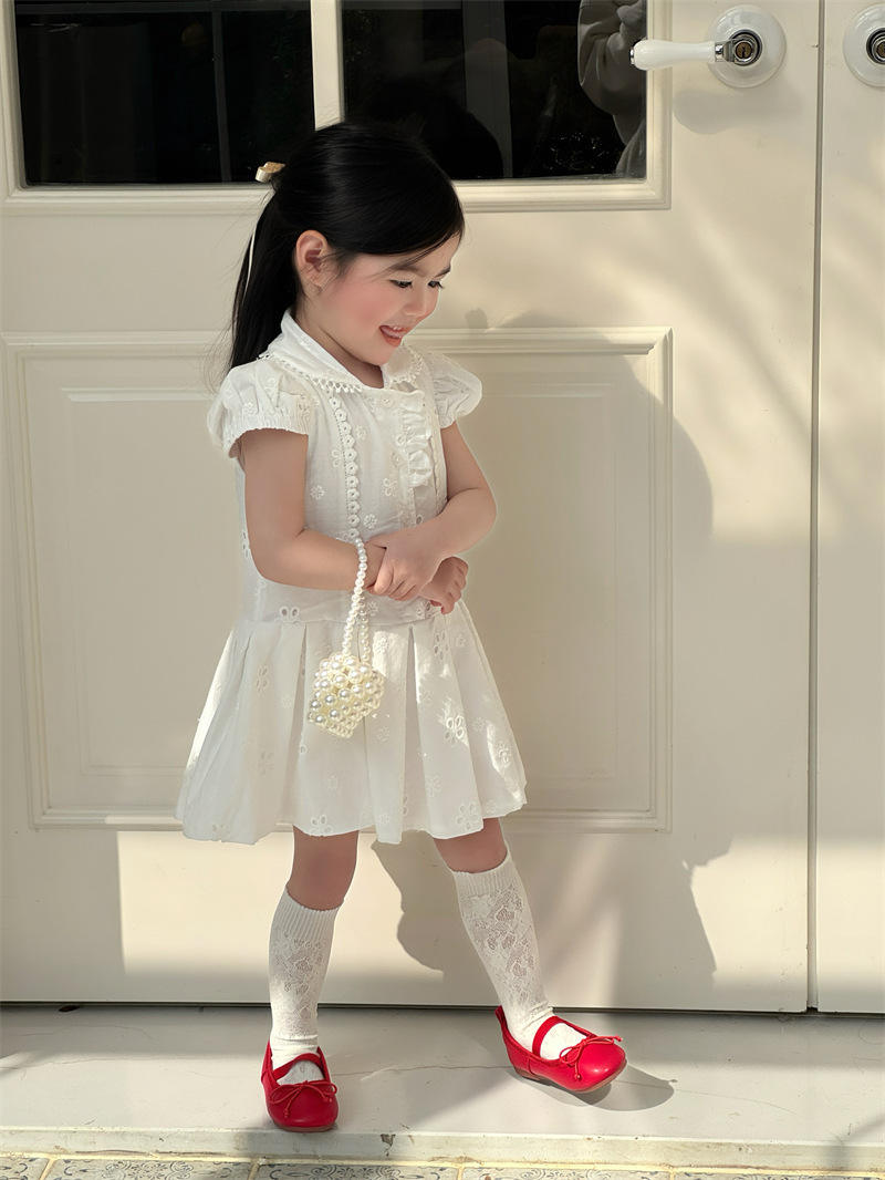 Wholesale 2026 Summer New Korean Style Children's Clothing Girls' Hollow Embroidery Preppy Style Lace Puff Sleeve Cotton Blend Dresses