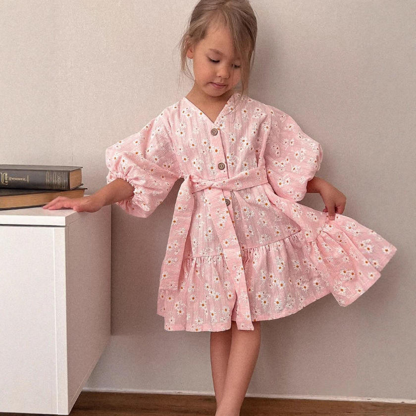 Wholesale INS Style Russian Girls' Cotton Spring and Autumn Lace Casual Bubble Nine-quarter Sleeve Floral Sweet Baby Girls Dress with Belt