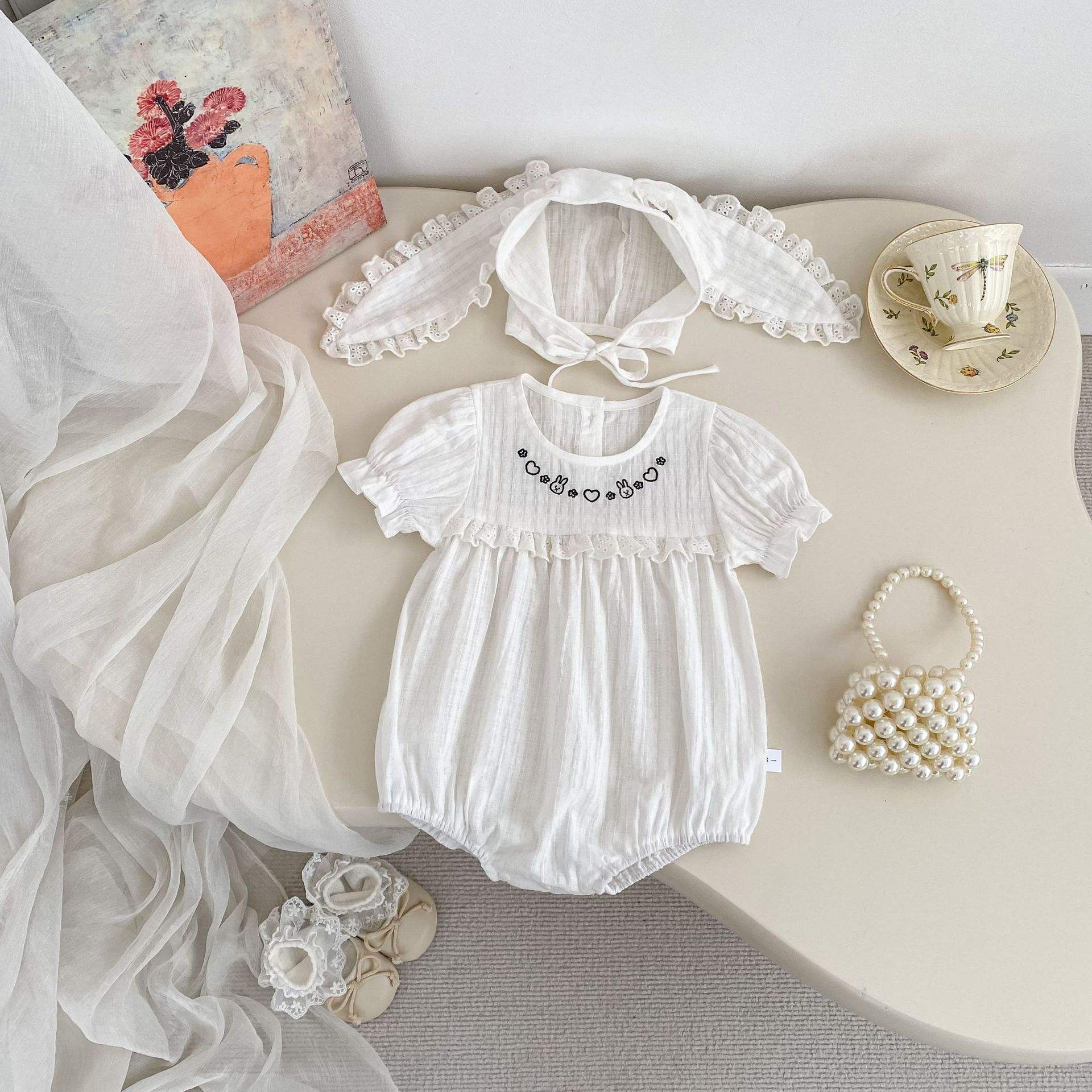 Wholesale 2026 Summer Baby Clothes Thin Short-Sleeve Triangle Romper Girls Baby Super Cute Rabbit Embroidery Bodysuit with Hat