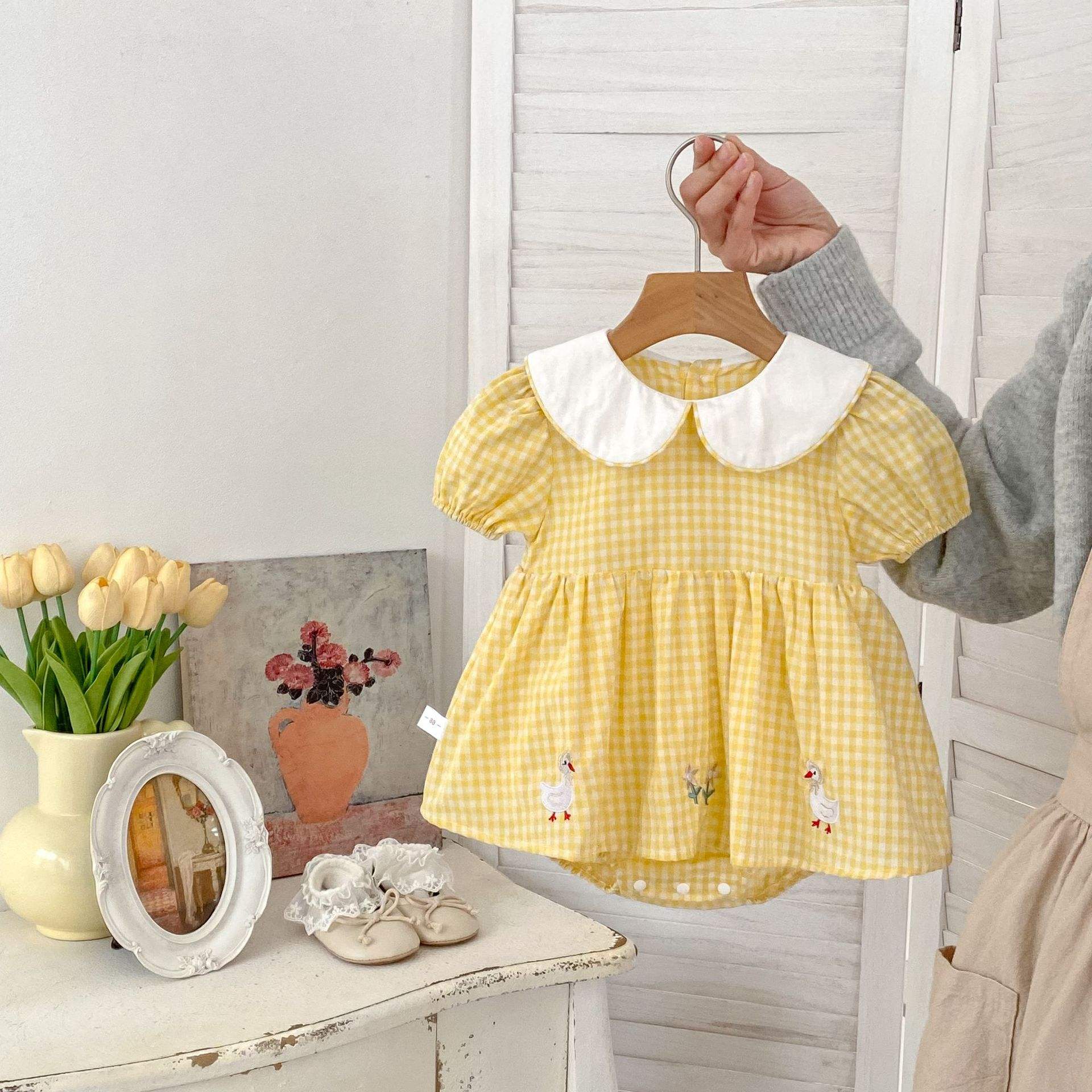Wholesale 2026 Baby Romper Summer New Style Cotton Jumpsuit for Girls Short Sleeves Fresh Plaid Cute Embroidered Infant Clothes