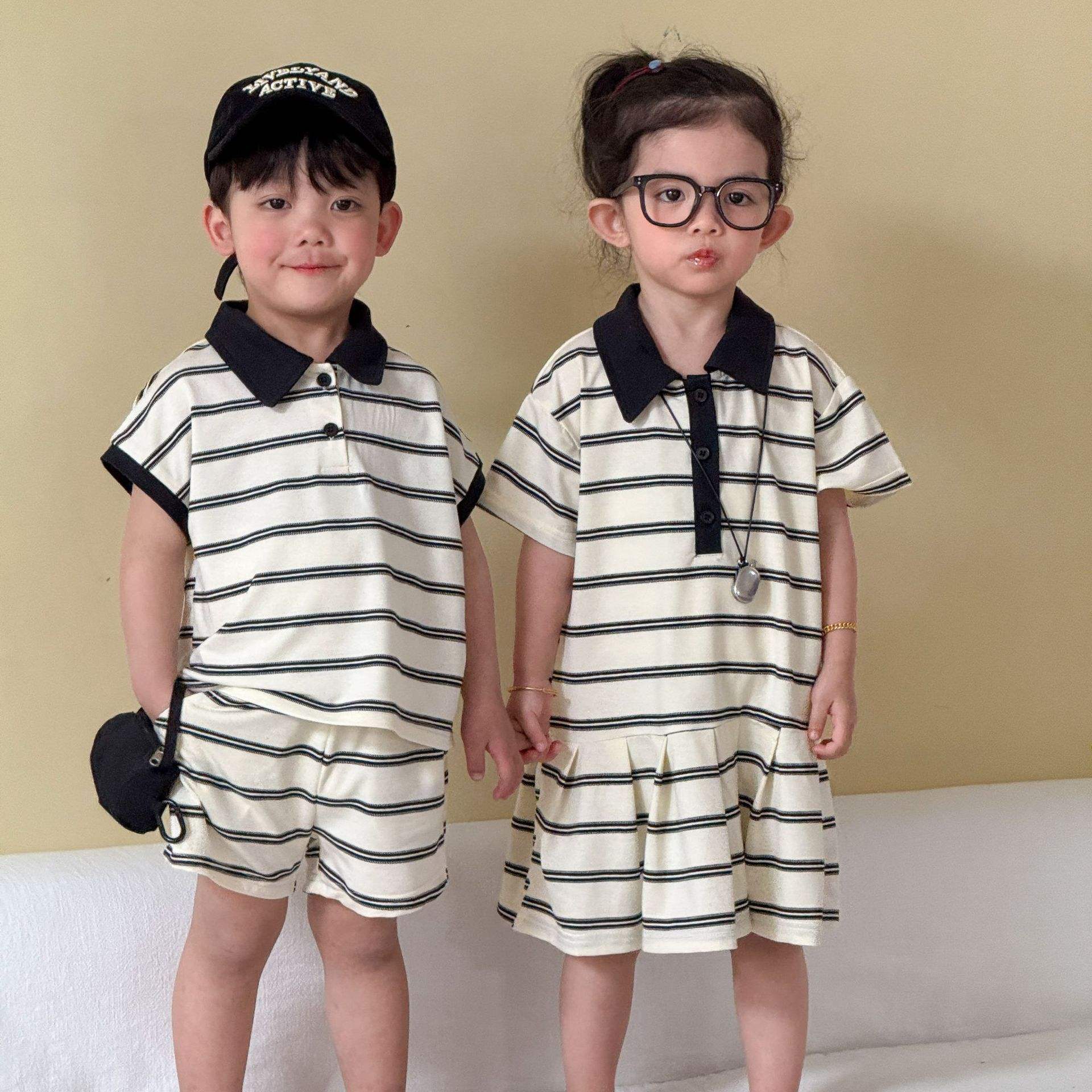 Wholesale 2026 Children's Clothes SummerSports Set Boys' Polo Shirt 2026 New Style Baby Striped Girls' Dress Summer Outfit for Siblings