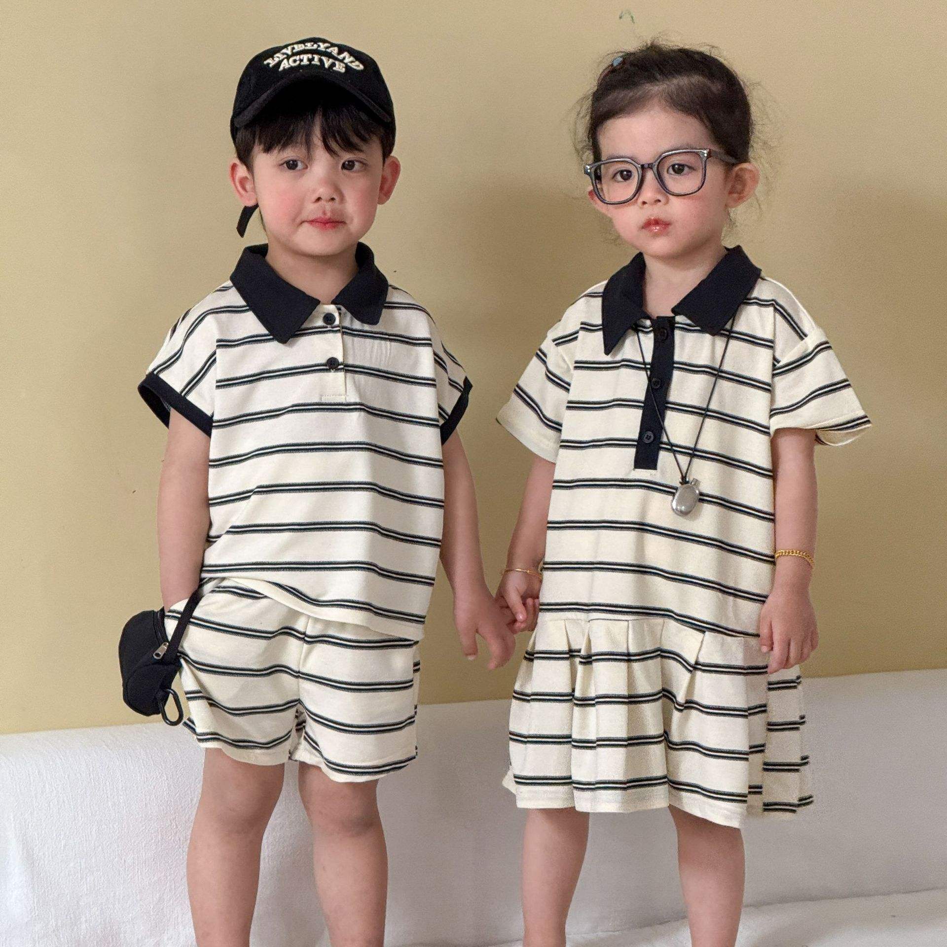 Wholesale 2026 Children's Clothes SummerSports Set Boys' Polo Shirt 2026 New Style Baby Striped Girls' Dress Summer Outfit for Siblings