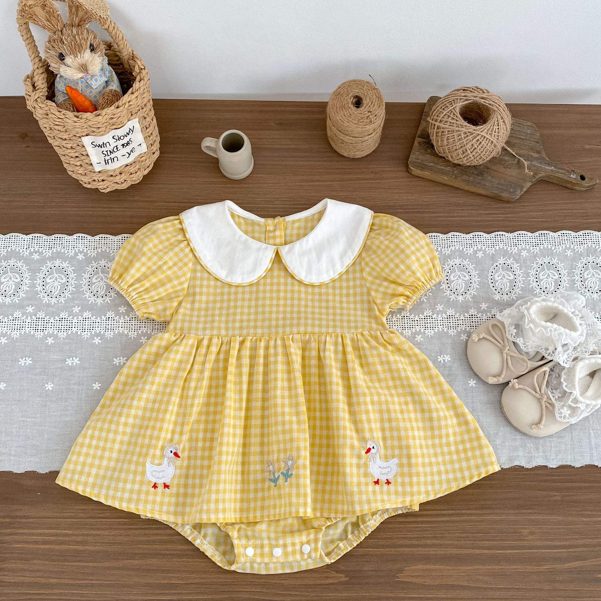 Wholesale 2026 Baby Romper Summer New Style Cotton Jumpsuit for Girls Short Sleeves Fresh Plaid Cute Embroidered Infant Clothes