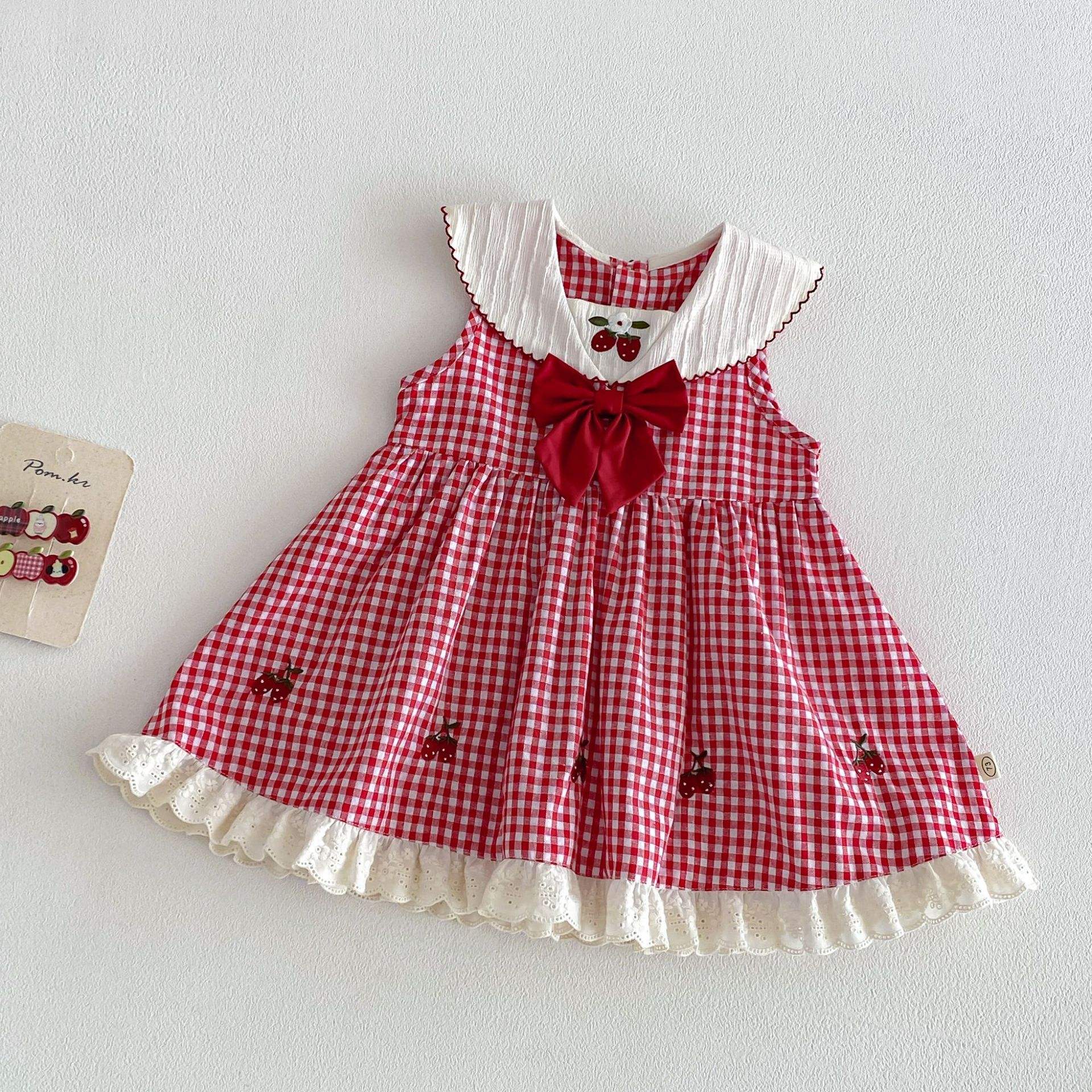 Wholesale 2026 New Summer Girls' Strawberry Princess Cotton Dress Fashion Baby Korean Style Plaid Bowknot Soft Sweet Baby Dresses