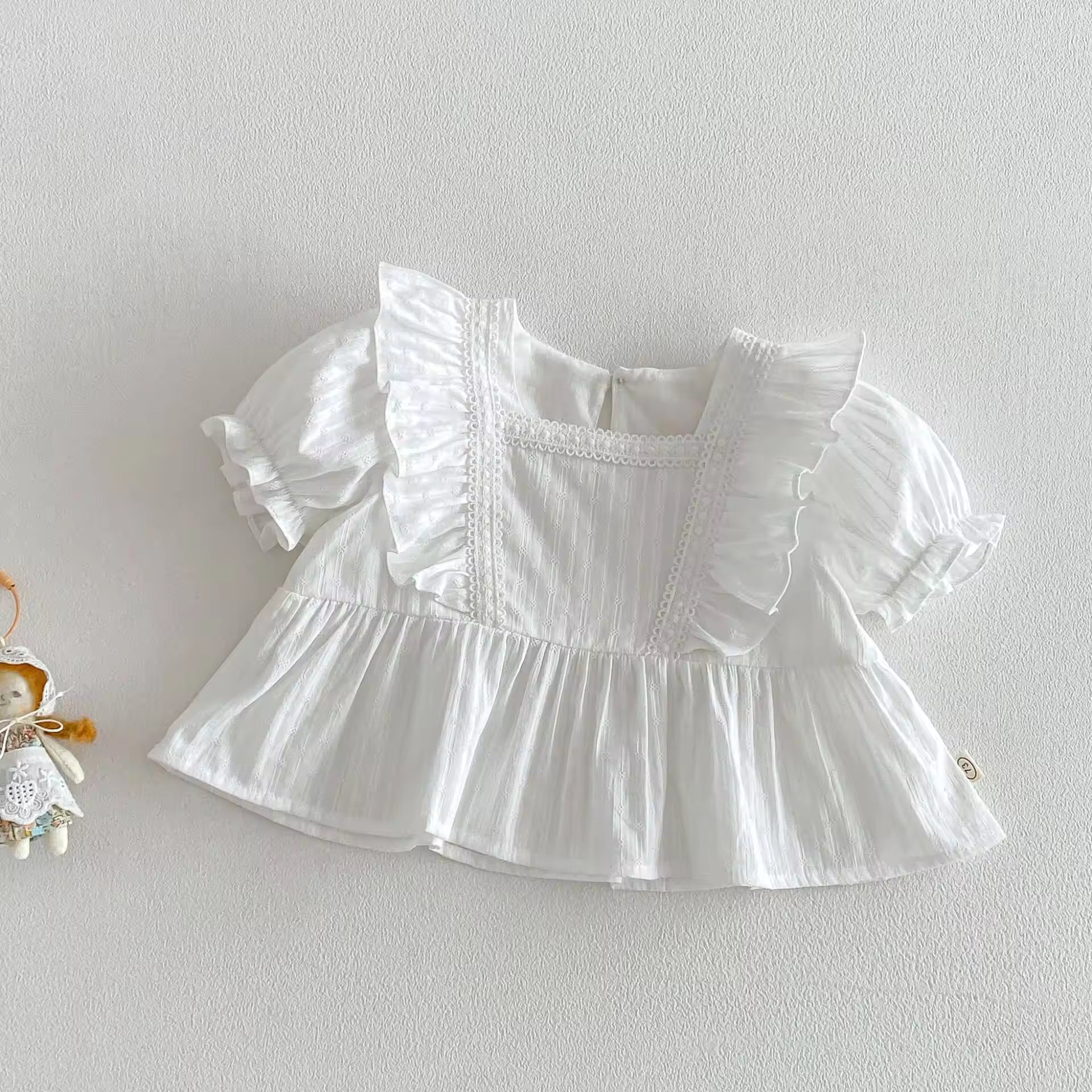 Wholesale 2026 Summer Baby Girls' Shirt Solid Color with Ruffles Flutter Sleeves & Square Neck-Soft Cotton Blend Children's Fashion Top