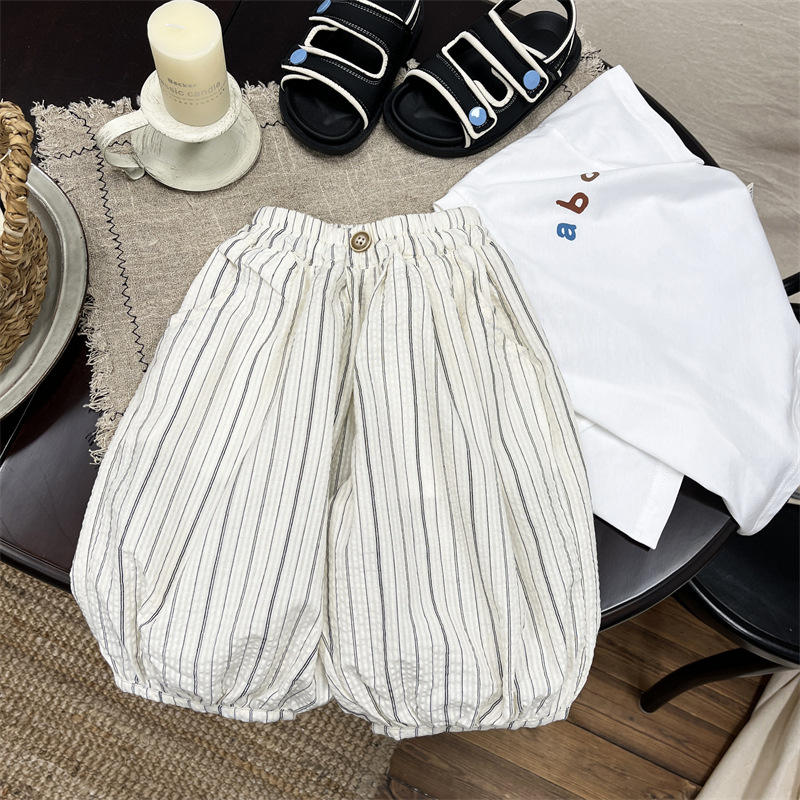 Wholesale 2026 New Boys' Summer Pants Stylish and Cool Korean Version Striped Thin Fabric Loose-Fit Mid-Length Pants for Kids