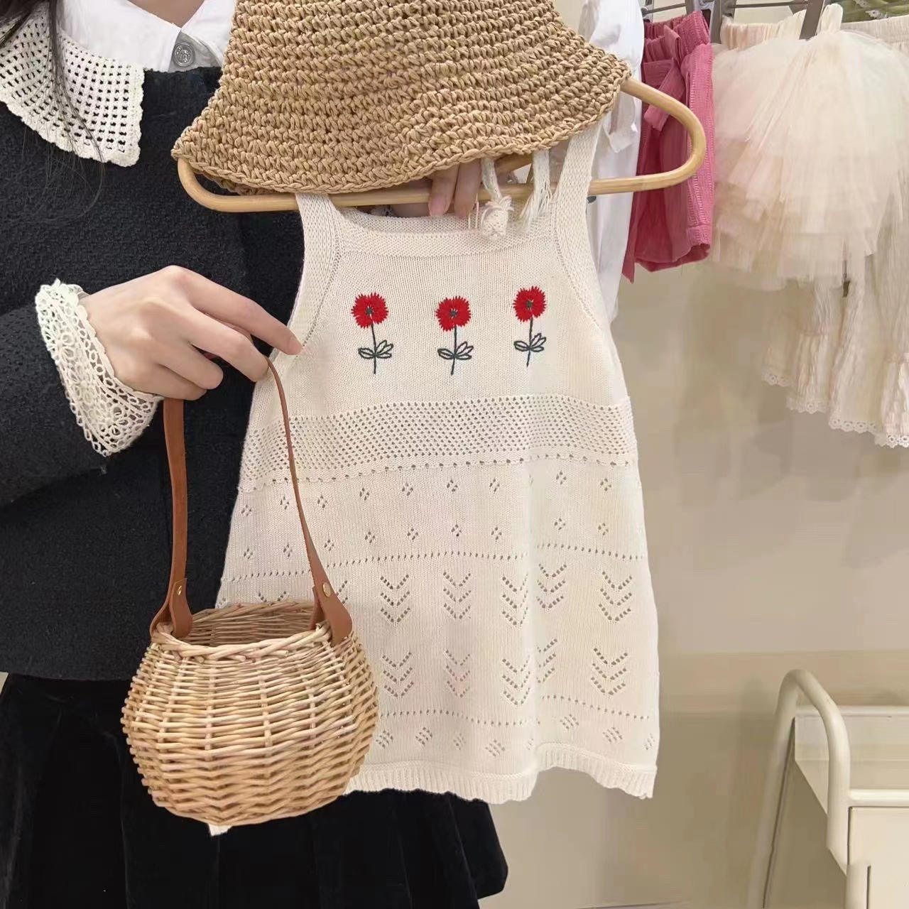 Wholesale Korean Style Children's Clothing 2026 Summer New Girls' Fashionable Knitted Floral Strap Dress Forest Style Kids Dress
