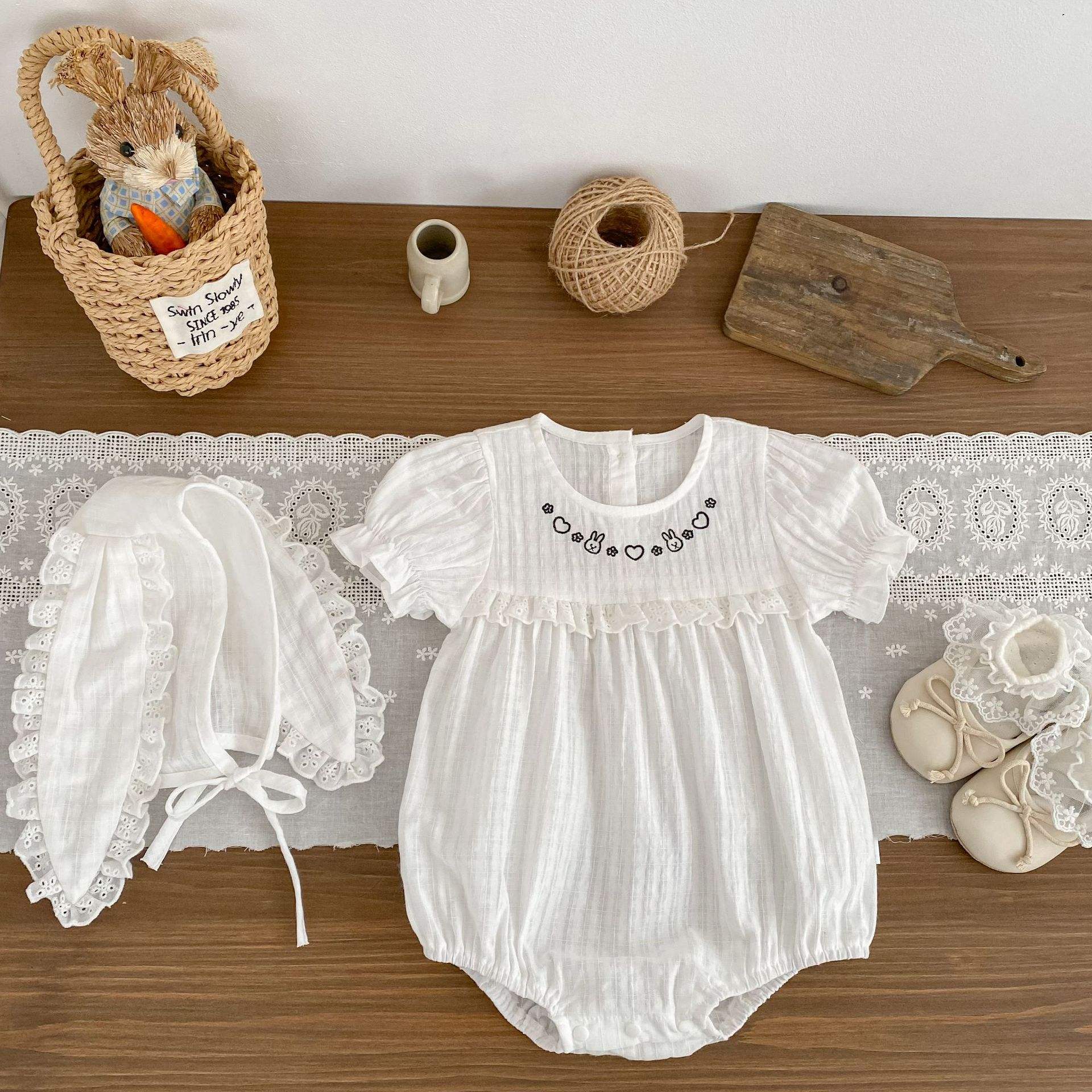 Wholesale 2026 Summer Baby Clothes Thin Short-Sleeve Triangle Romper Girls Baby Super Cute Rabbit Embroidery Bodysuit with Hat
