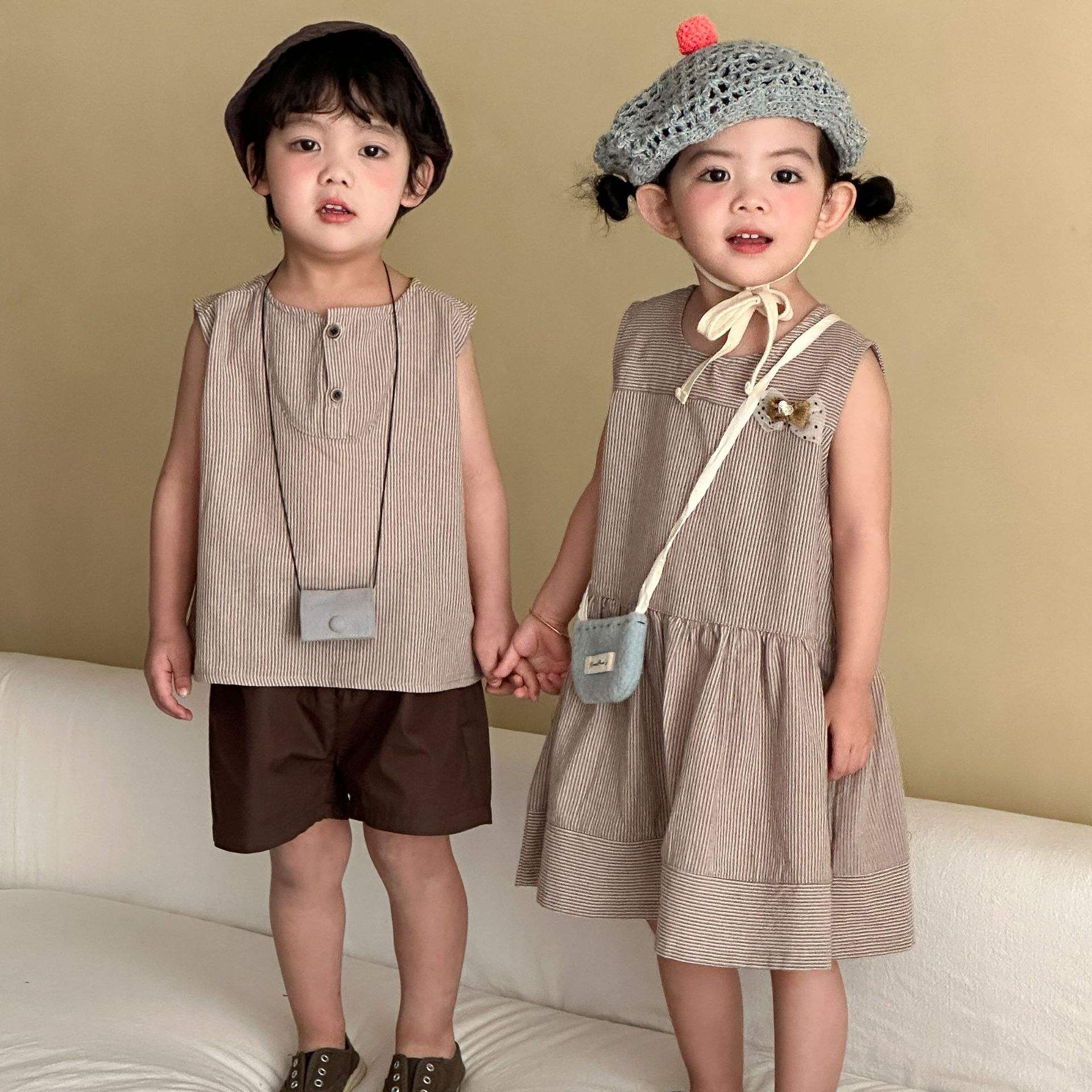 Wholesale 2026 Children's Summer Set Boys' Striped New Style Baby Fashionable Girls' Vest Dress Sibling Matching Outfit