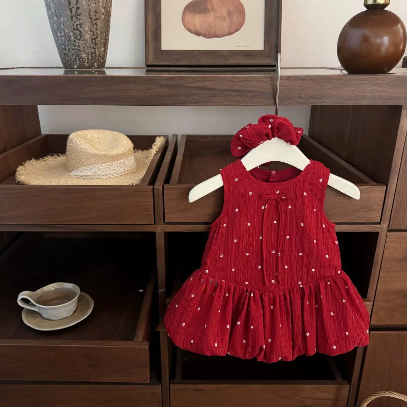 Wholesale 2026 New Fashion Baby Dresses Super Sweet Red Cute Little Flower Bud Princess Dress for Girls Versatile and Breathable