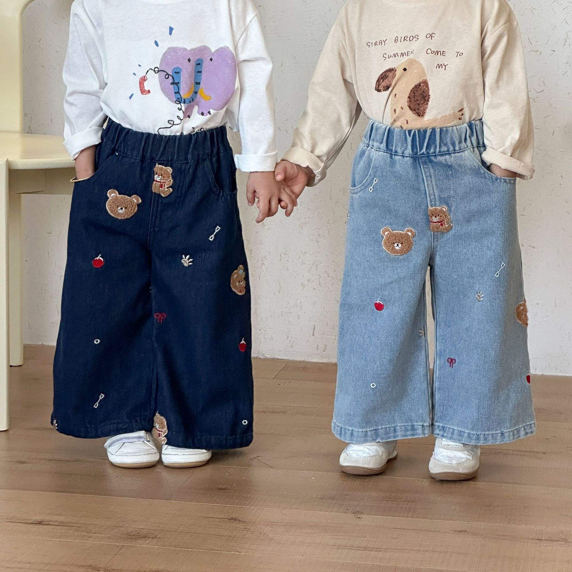 Wholesale 2026 New Spring and Autumn Children's Wide-Leg Jeans Boys and Girls Straight-Leg Bear Pants Baby Casual Pants