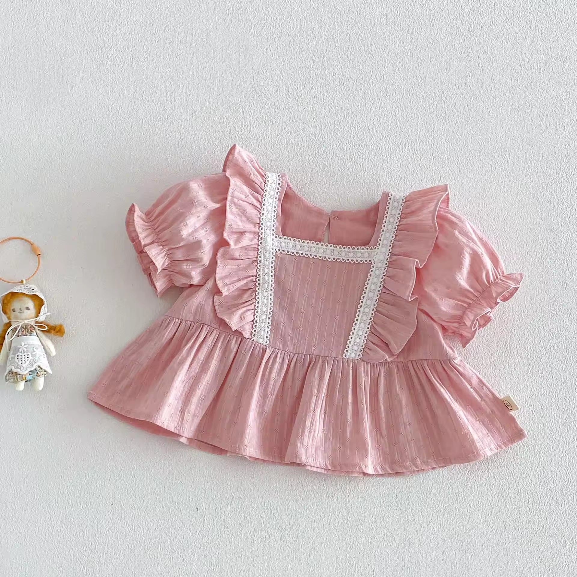 Wholesale 2026 Summer Baby Girls' Shirt Solid Color with Ruffles Flutter Sleeves & Square Neck-Soft Cotton Blend Children's Fashion Top