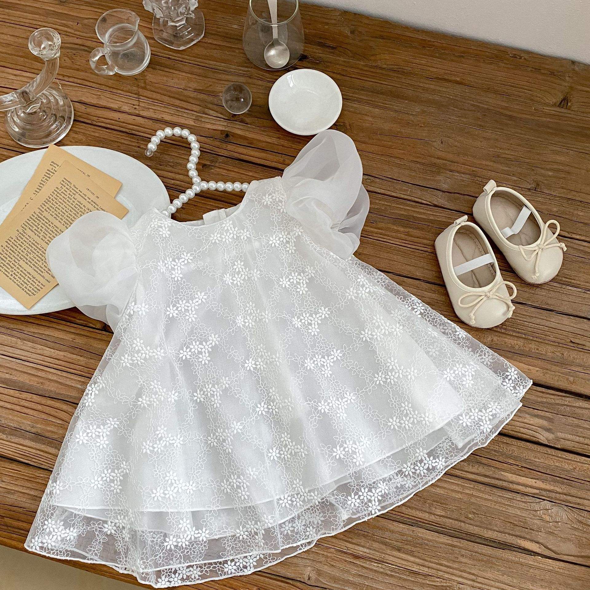 Wholesale INS Summer Style Girls Baby Infant Toddler Princess 100-Day Celebration Dress Puff Sleeve Short-Sleeve Cotton Lace Dress