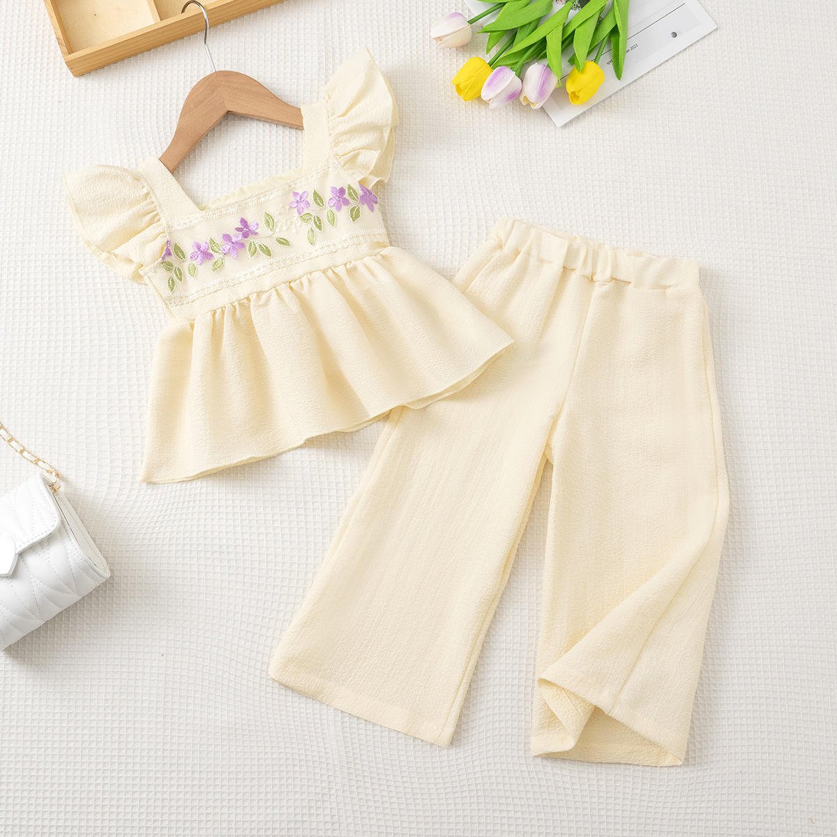 Wholesale 2026 Baby Girls' Clothing Set Summer Outfits Flutter-sleeve Floral Embroidered Top Ribbed Wide-leg Pants Baby Suit