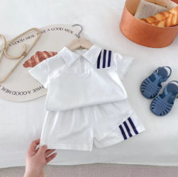Wholesale 2026 Summer New Children's Korean Style Pullover Shirt Western Style Casual Sports Cotton Stripes Lapel Two-piece Set
